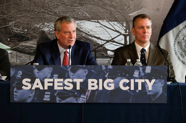 Mayor Bill de Blasio and NYPD Commissioner Dermot Shea hold a media availability on crime statistics at the Police Academy in College Point, Queens